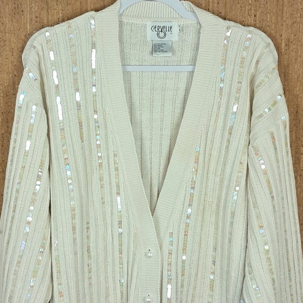 Vintage CERVELLE‎ L Sequin Pearl Cardigan Sweater Pockets Ramie Cotton Cream